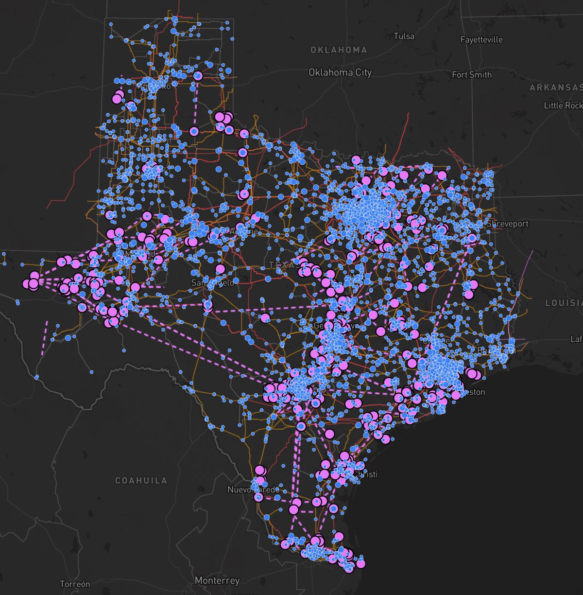 Texas transmission lines and substations from the Barrio Grid map